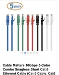 Cablematters Ethernet Cables 5-PACK New. Price: $5.00.